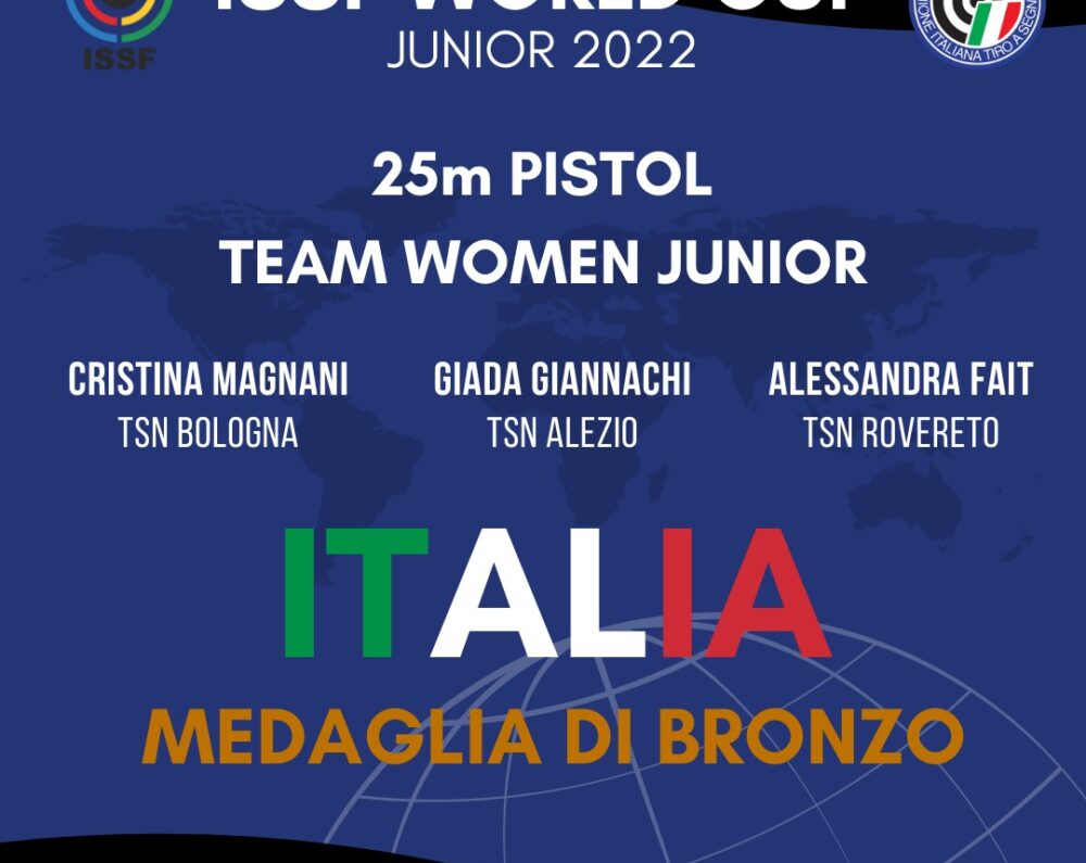 WORLD CUP JUNIOR 2022: Italia medaglia di bronzo nella pistola sportiva a 25 metri