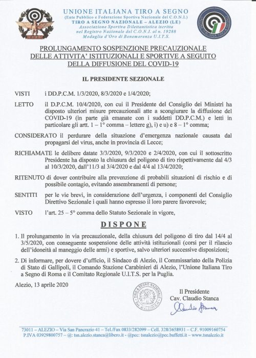 COVID-19 sospensione attività TSN Alezio